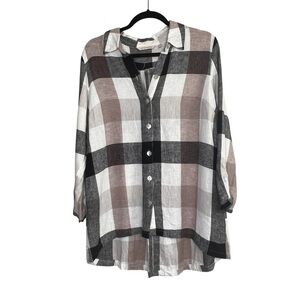 Soft Surroundings Shirt Womens Size Medium Black Tan Plaid Carreaux Linen Blend